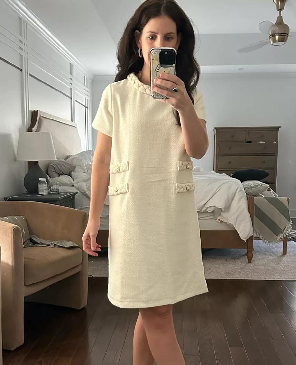 ✨HOT SALE✨2025 NEW Womens Tweed Jackie Dress Elegant Crew Neck Short Sleeve Button Bodycon Mini Dress