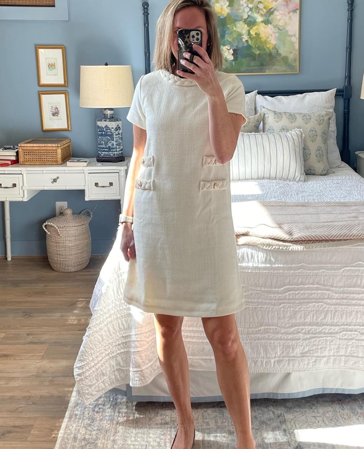 ✨HOT SALE✨2025 NEW Womens Tweed Jackie Dress Elegant Crew Neck Short Sleeve Button Bodycon Mini Dress
