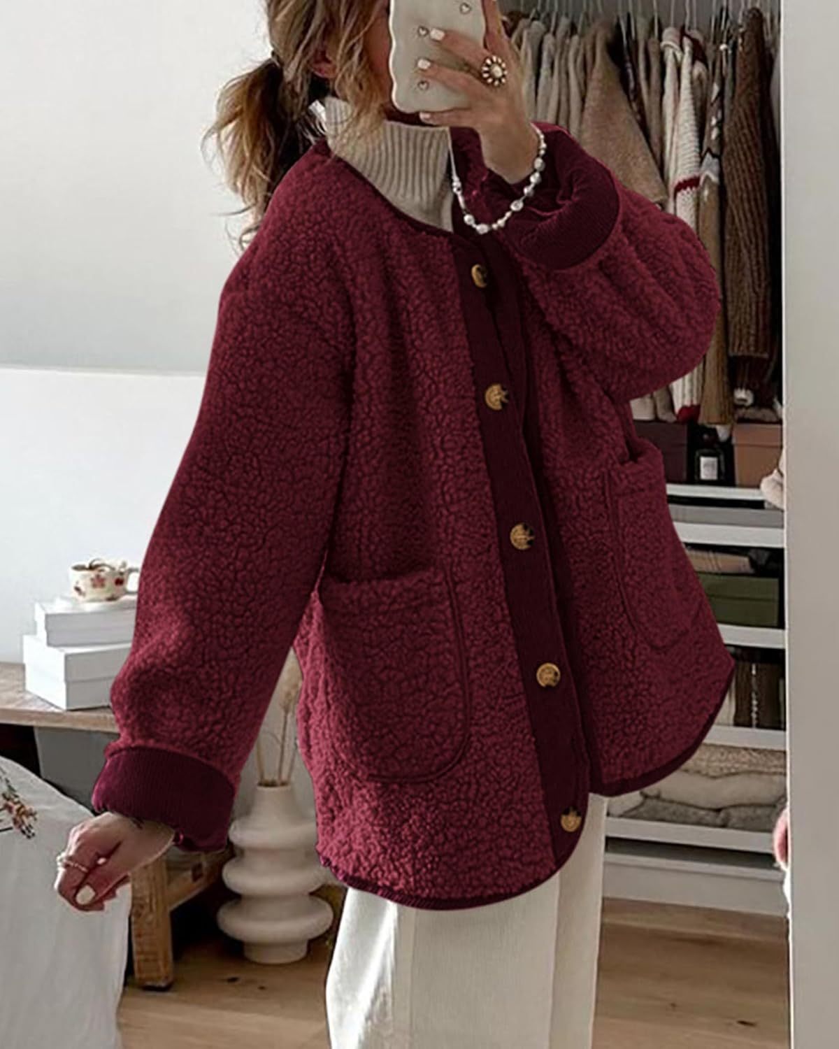 Women's Warm Winter Coats Casual Long Sleeve Button up Fuzzy Sherpa Fleece Jackets Outerwear