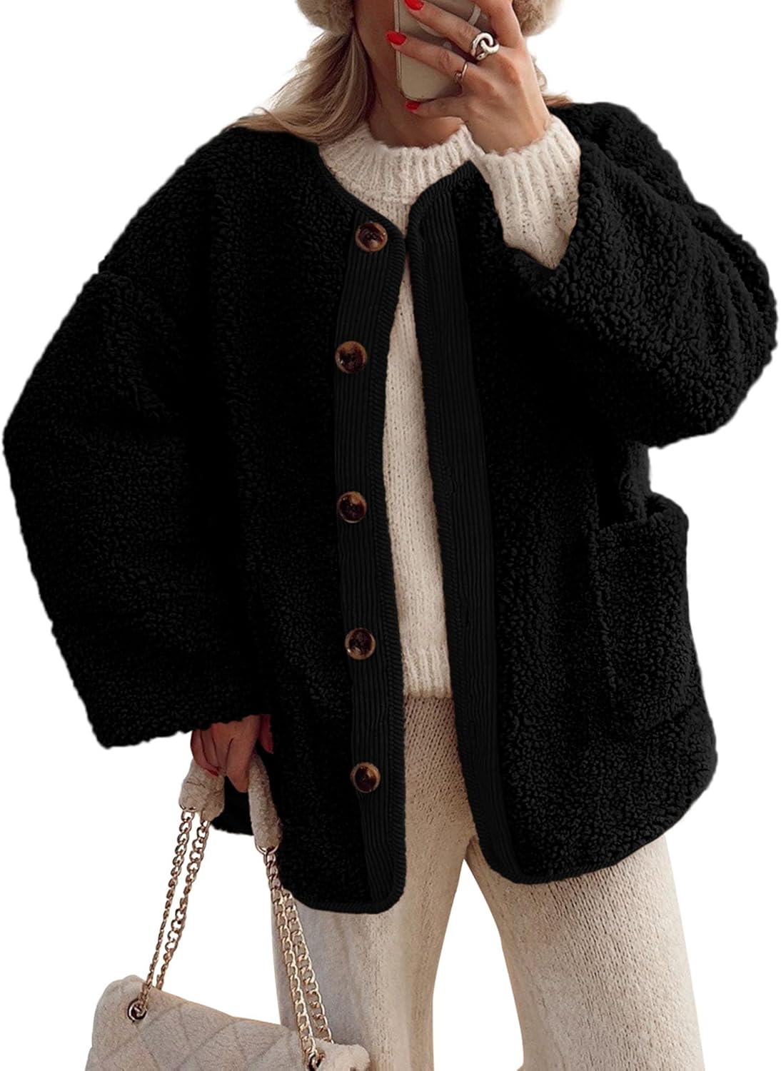 Women's Warm Winter Coats Casual Long Sleeve Button up Fuzzy Sherpa Fleece Jackets Outerwear