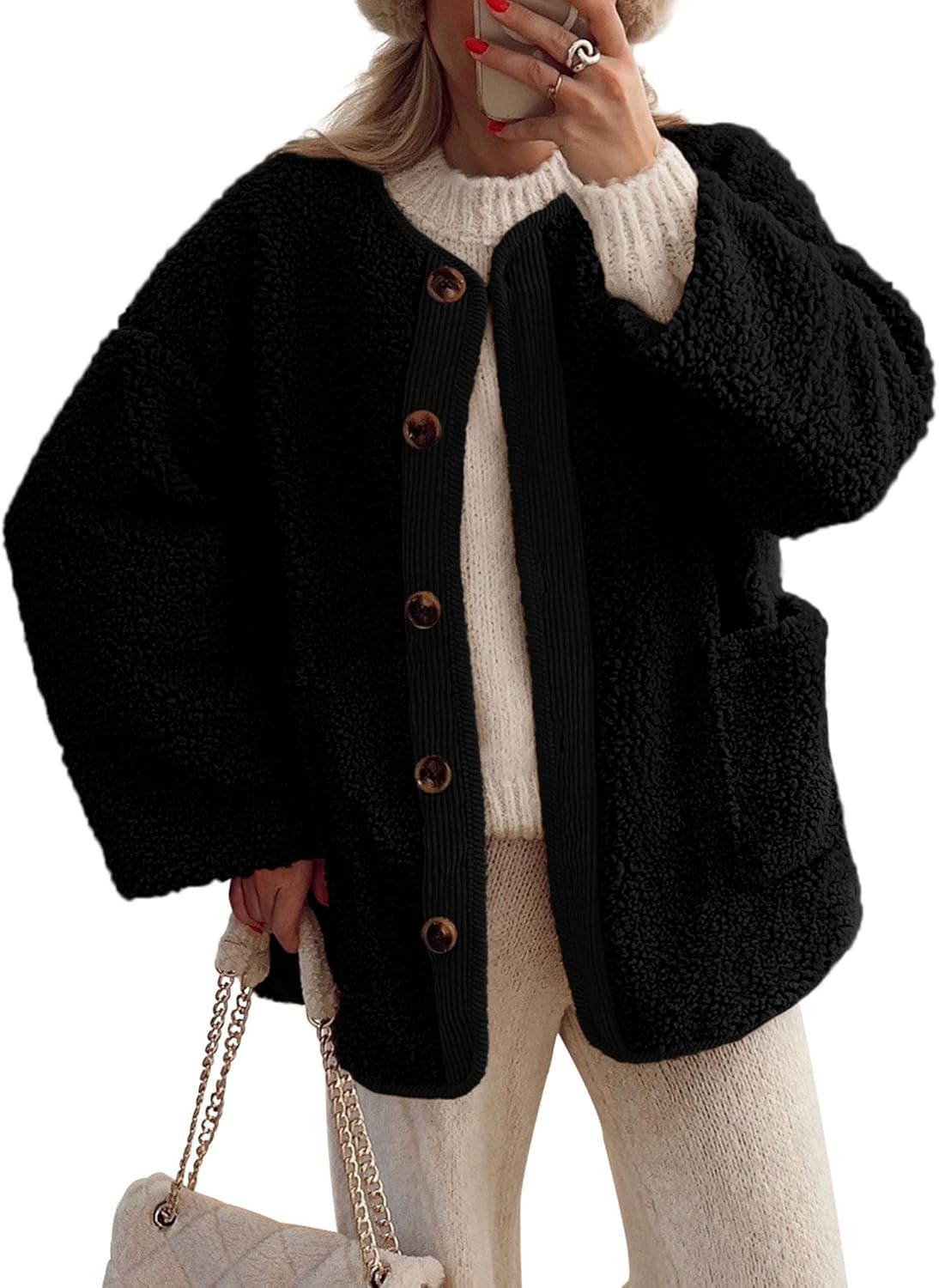 Women's Warm Winter Coats Casual Long Sleeve Button up Fuzzy Sherpa Fleece Jackets Outerwear