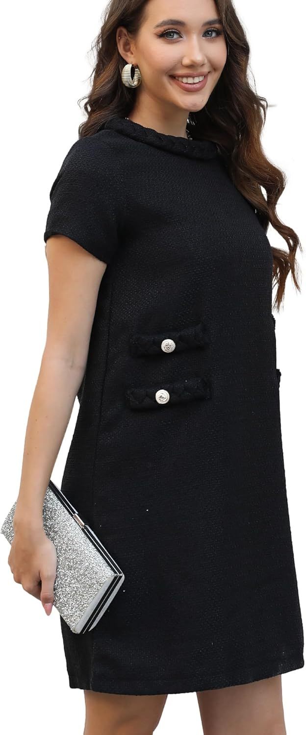 ✨HOT SALE✨2025 NEW Womens Tweed Jackie Dress Elegant Crew Neck Short Sleeve Button Bodycon Mini Dress