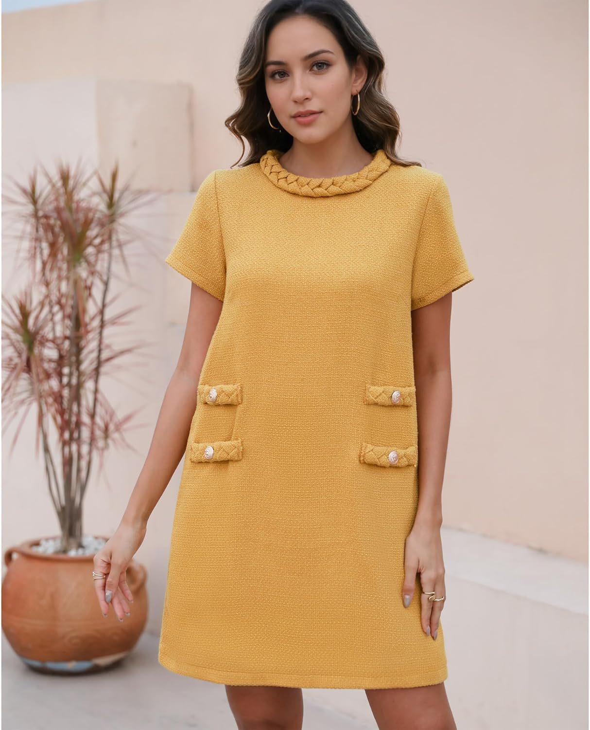 ✨HOT SALE✨2025 NEW Womens Tweed Jackie Dress Elegant Crew Neck Short Sleeve Button Bodycon Mini Dress