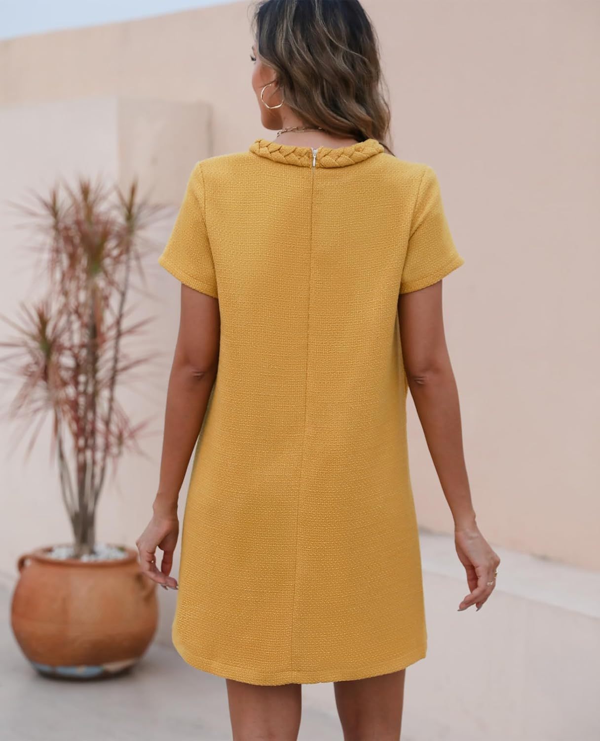 ✨HOT SALE✨2025 NEW Womens Tweed Jackie Dress Elegant Crew Neck Short Sleeve Button Bodycon Mini Dress