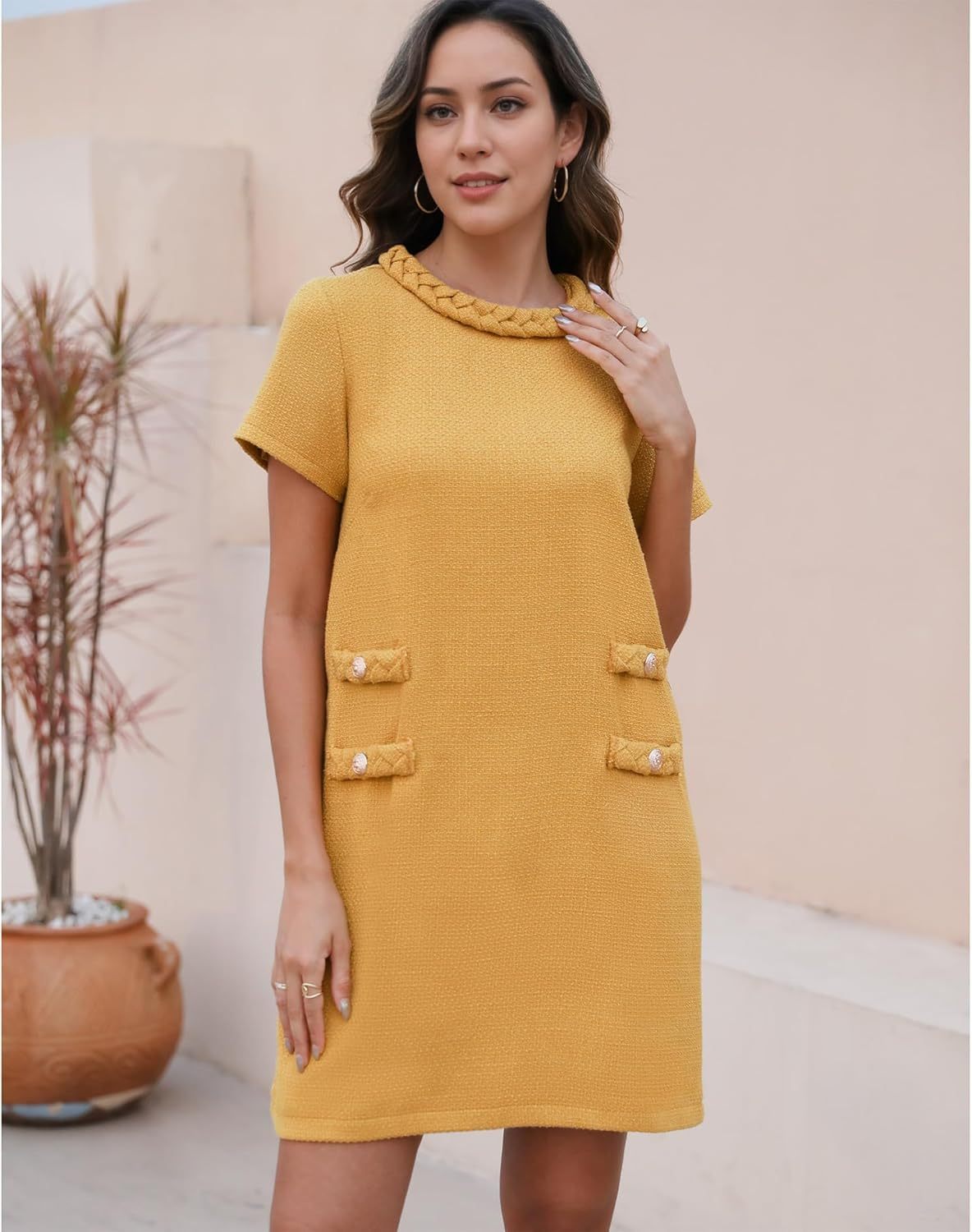 ✨HOT SALE✨2025 NEW Womens Tweed Jackie Dress Elegant Crew Neck Short Sleeve Button Bodycon Mini Dress