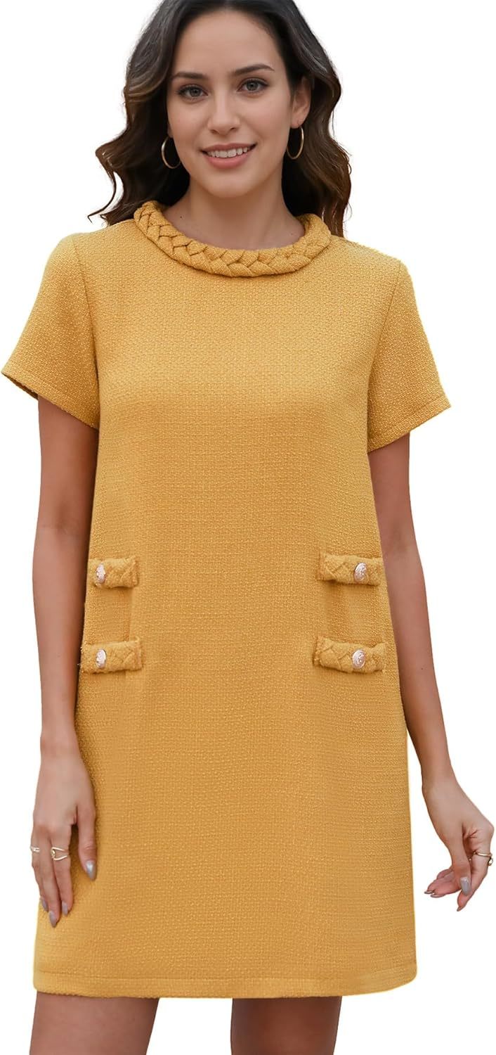 ✨HOT SALE✨2025 NEW Womens Tweed Jackie Dress Elegant Crew Neck Short Sleeve Button Bodycon Mini Dress