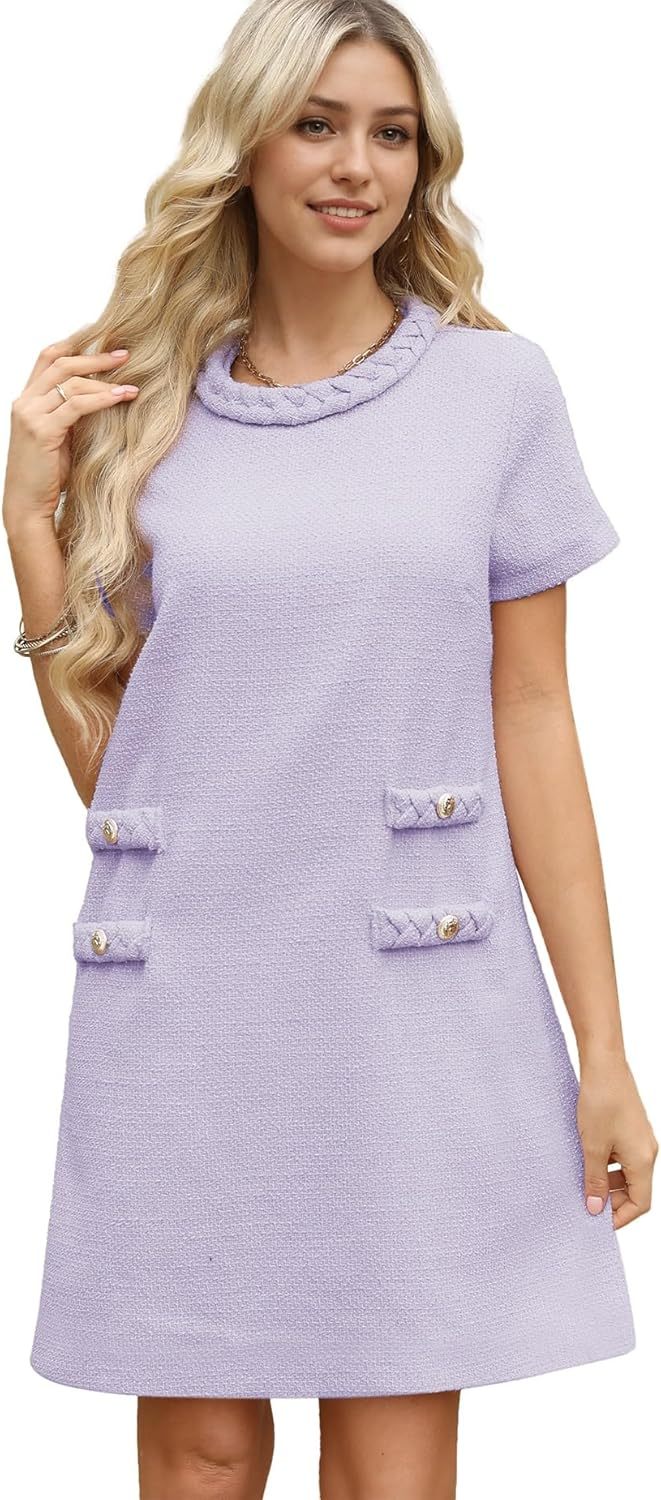 ✨HOT SALE✨2025 NEW Womens Tweed Jackie Dress Elegant Crew Neck Short Sleeve Button Bodycon Mini Dress