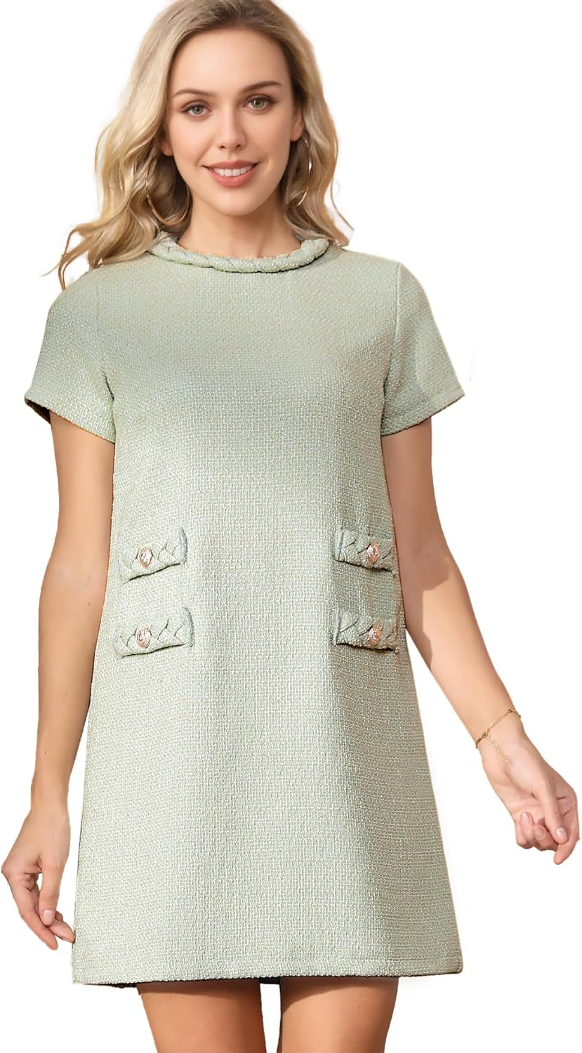 ✨HOT SALE✨2025 NEW Womens Tweed Jackie Dress Elegant Crew Neck Short Sleeve Button Bodycon Mini Dress