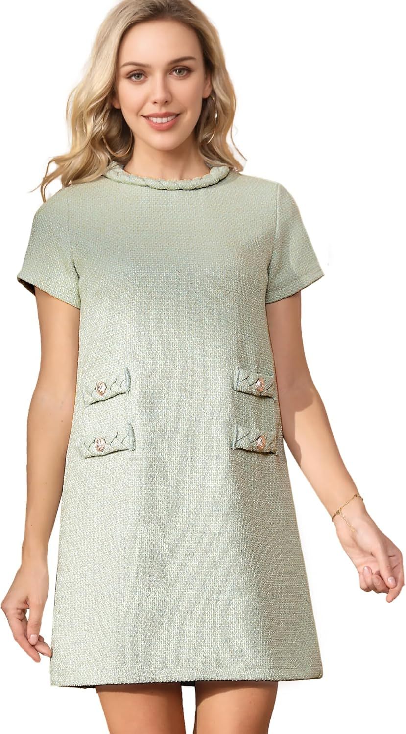 ✨HOT SALE✨2025 NEW Womens Tweed Jackie Dress Elegant Crew Neck Short Sleeve Button Bodycon Mini Dress