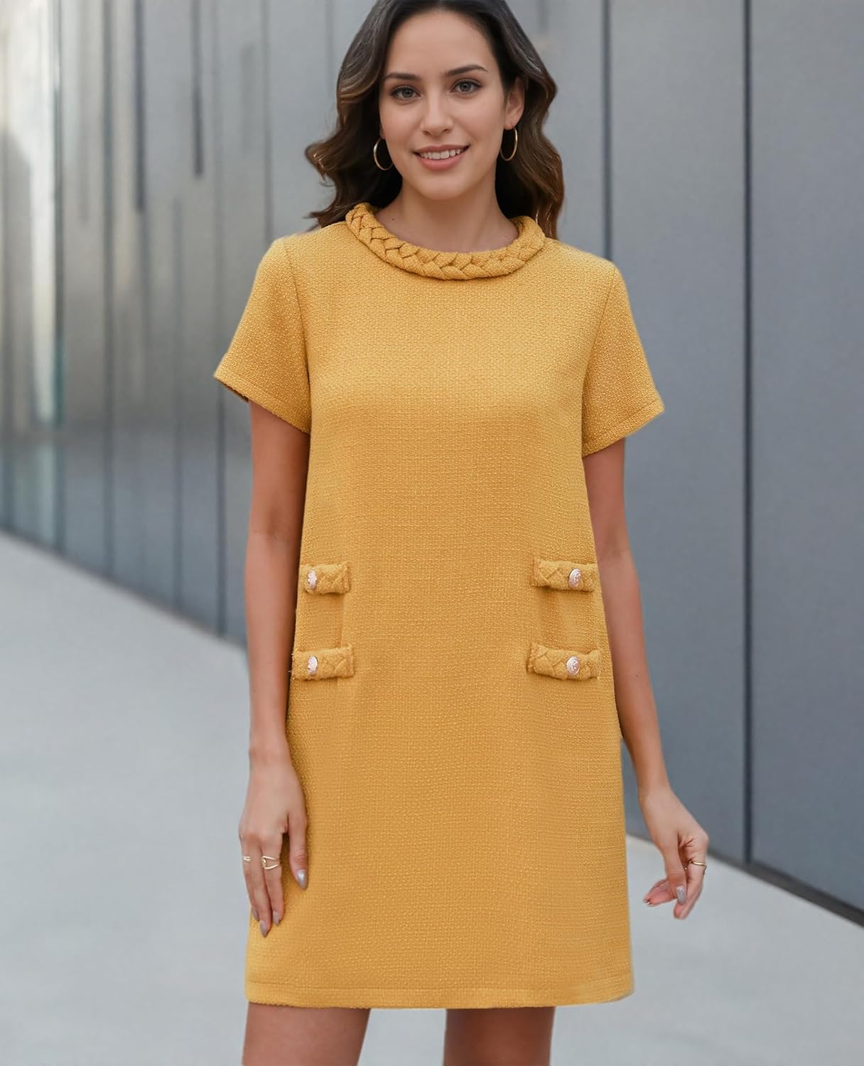 ✨HOT SALE✨2025 NEW Womens Tweed Jackie Dress Elegant Crew Neck Short Sleeve Button Bodycon Mini Dress