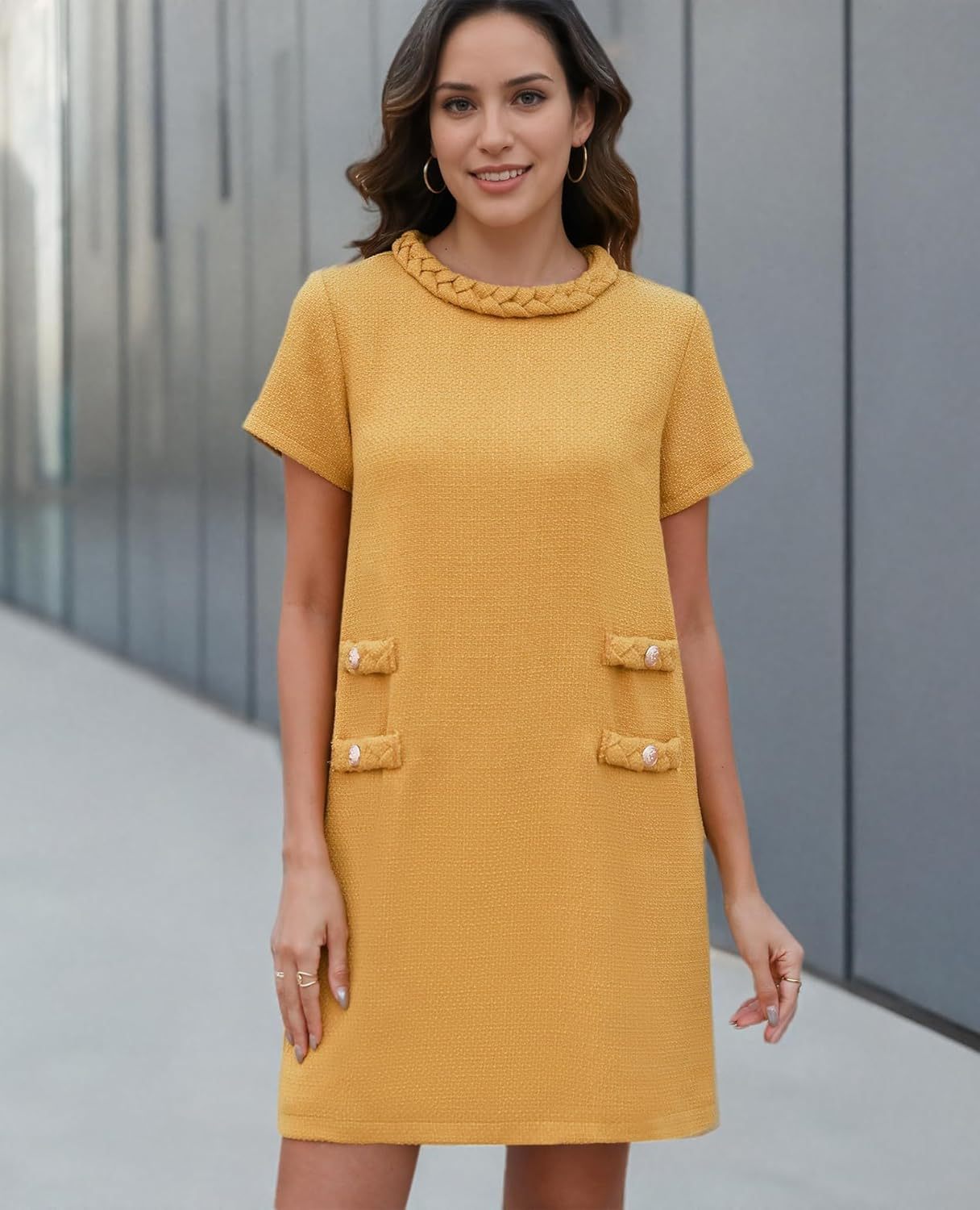 ✨HOT SALE✨2025 NEW Womens Tweed Jackie Dress Elegant Crew Neck Short Sleeve Button Bodycon Mini Dress
