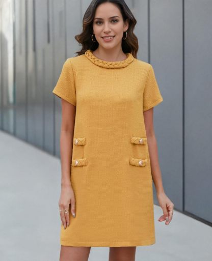 ✨HOT SALE✨2025 NEW Womens Tweed Jackie Dress Elegant Crew Neck Short Sleeve Button Bodycon Mini Dress