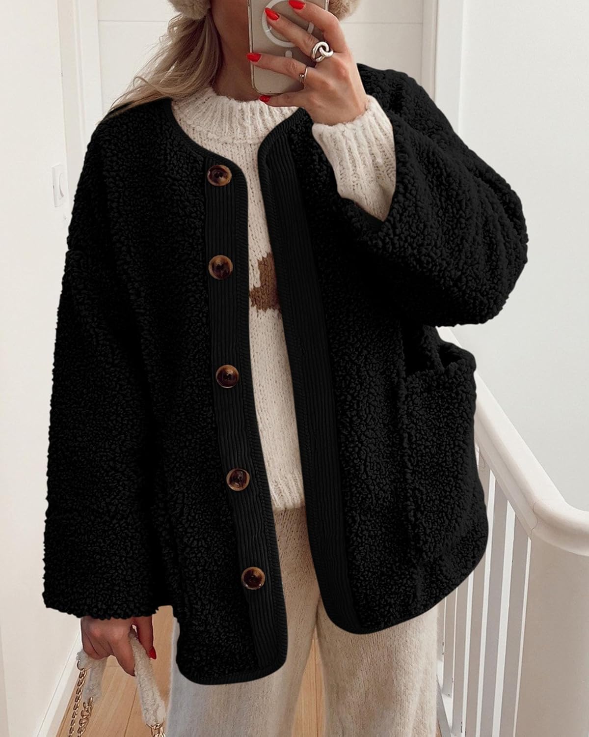 Women's Warm Winter Coats Casual Long Sleeve Button up Fuzzy Sherpa Fleece Jackets Outerwear