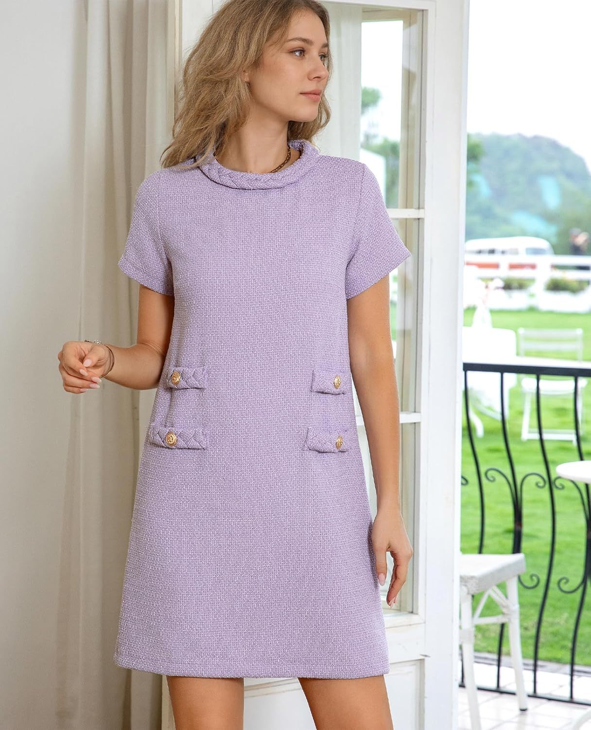 ✨HOT SALE✨2025 NEW Womens Tweed Jackie Dress Elegant Crew Neck Short Sleeve Button Bodycon Mini Dress