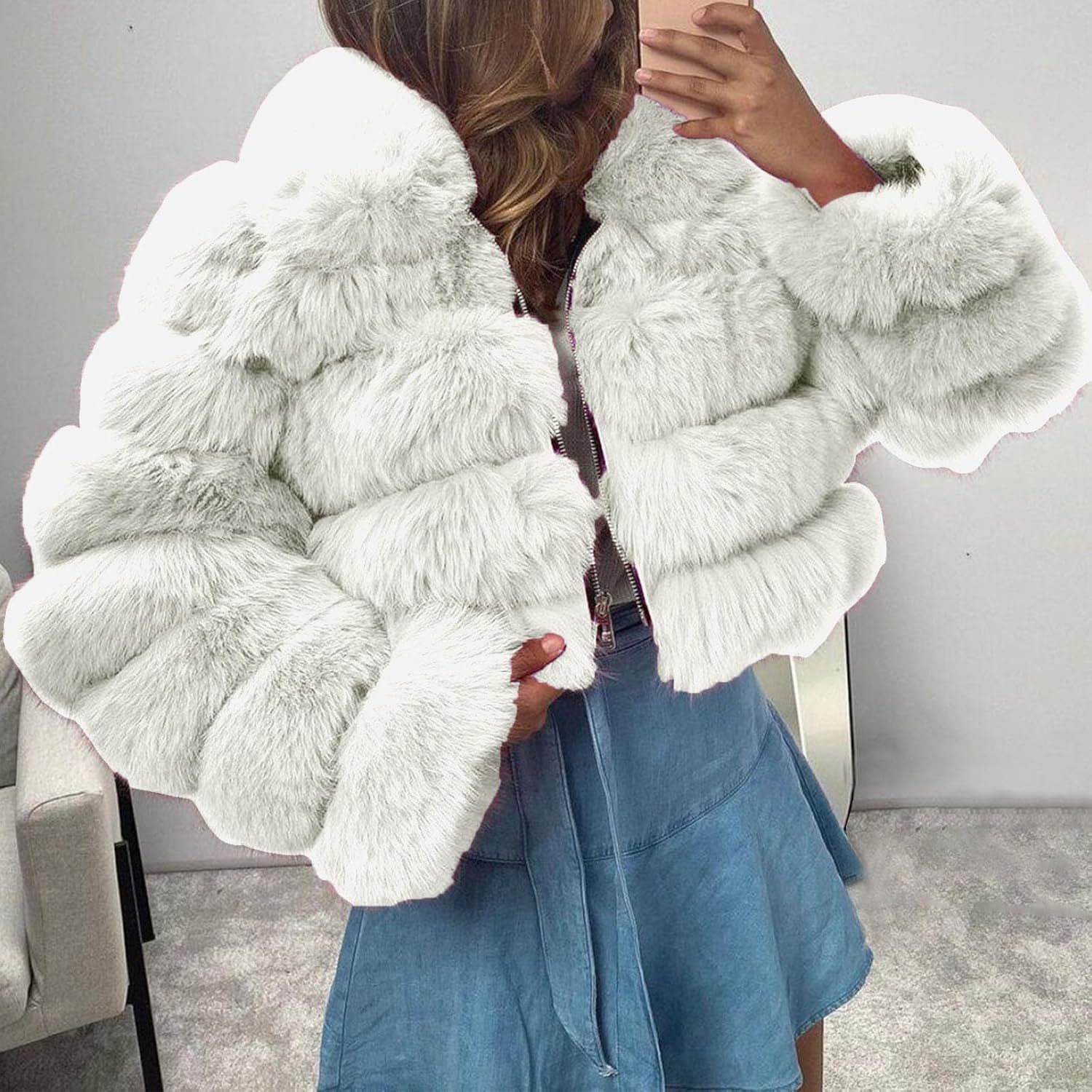 Women's Crop Fur Coat Plain Faux Fur Quilted Jacket Thick Warm Winter Jacket Teenager Girls Fur Jacket Zip Up Jacket Coat Faux Fur Jacket Long Sleeve Winter Coat Cuddly Jacket Winter Fur Coat