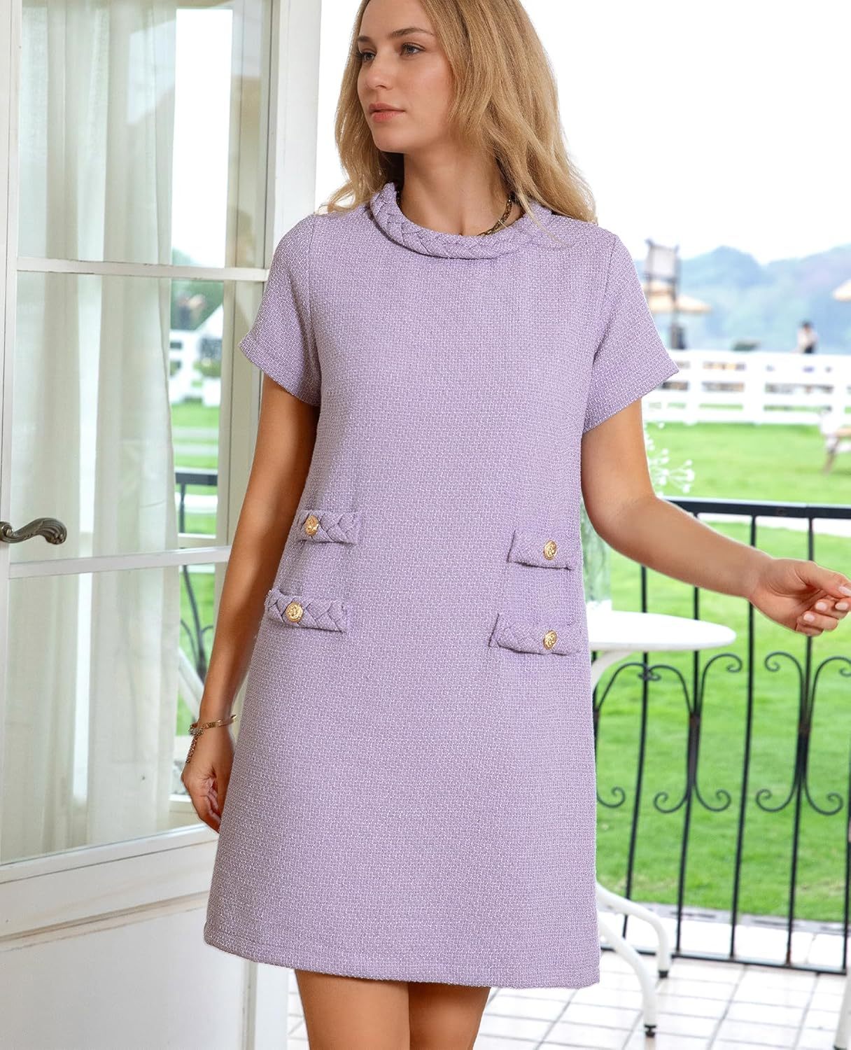 ✨HOT SALE✨2025 NEW Womens Tweed Jackie Dress Elegant Crew Neck Short Sleeve Button Bodycon Mini Dress