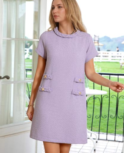 ✨HOT SALE✨2025 NEW Womens Tweed Jackie Dress Elegant Crew Neck Short Sleeve Button Bodycon Mini Dress