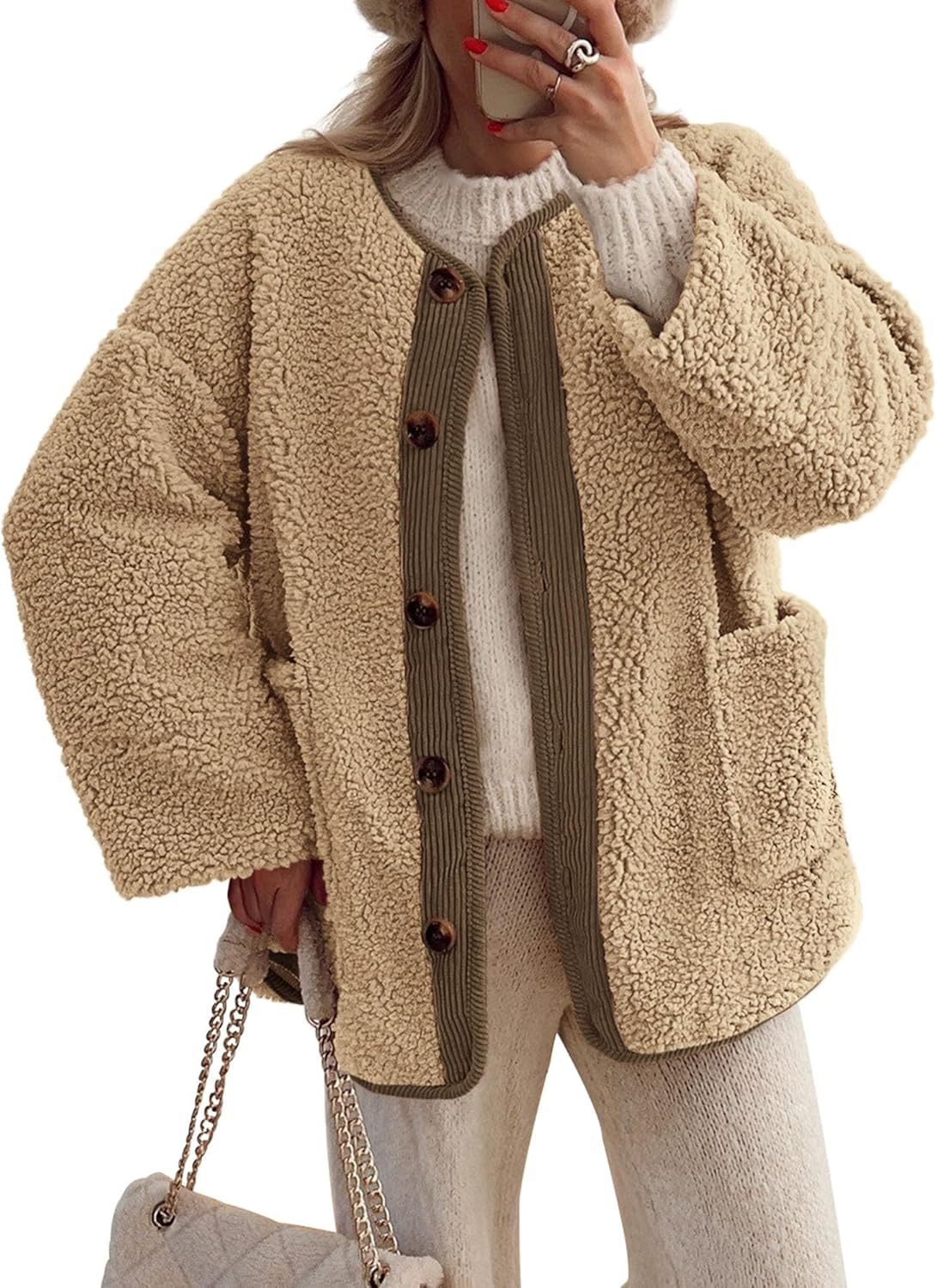 Women's Warm Winter Coats Casual Long Sleeve Button up Fuzzy Sherpa Fleece Jackets Outerwear