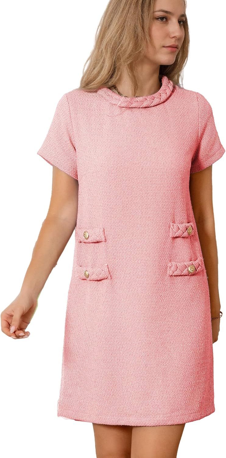 ✨HOT SALE✨2025 NEW Womens Tweed Jackie Dress Elegant Crew Neck Short Sleeve Button Bodycon Mini Dress