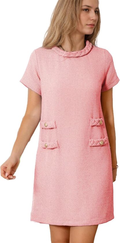 ✨HOT SALE✨2025 NEW Womens Tweed Jackie Dress Elegant Crew Neck Short Sleeve Button Bodycon Mini Dress