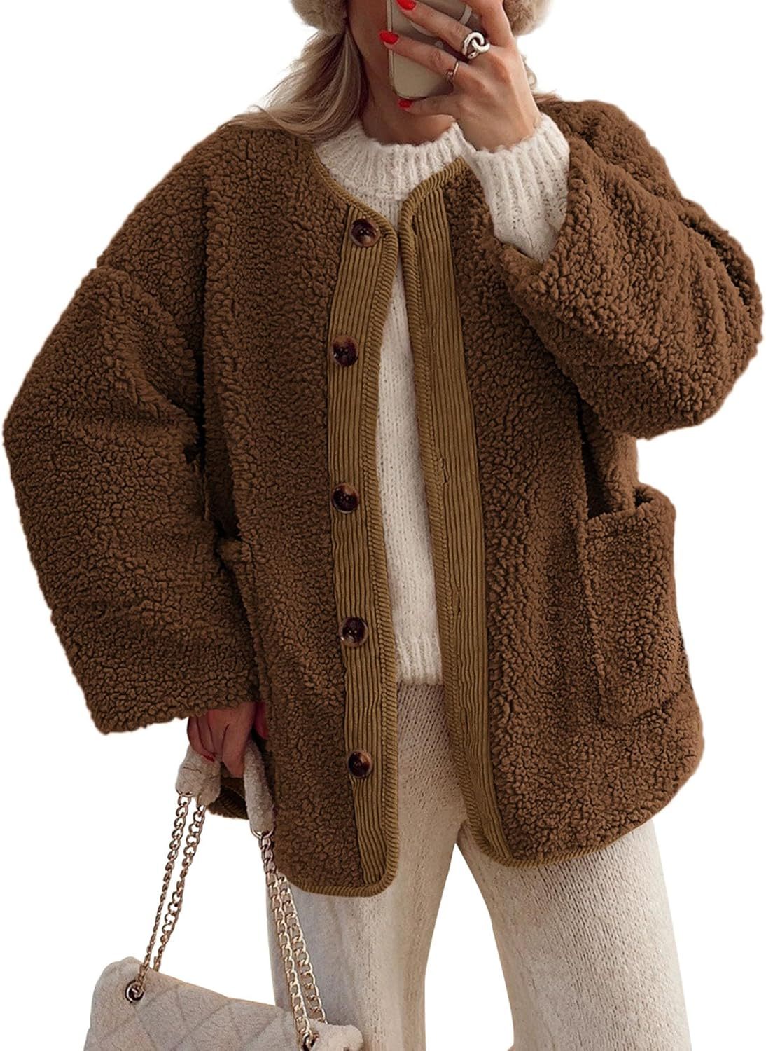 Women's Warm Winter Coats Casual Long Sleeve Button up Fuzzy Sherpa Fleece Jackets Outerwear