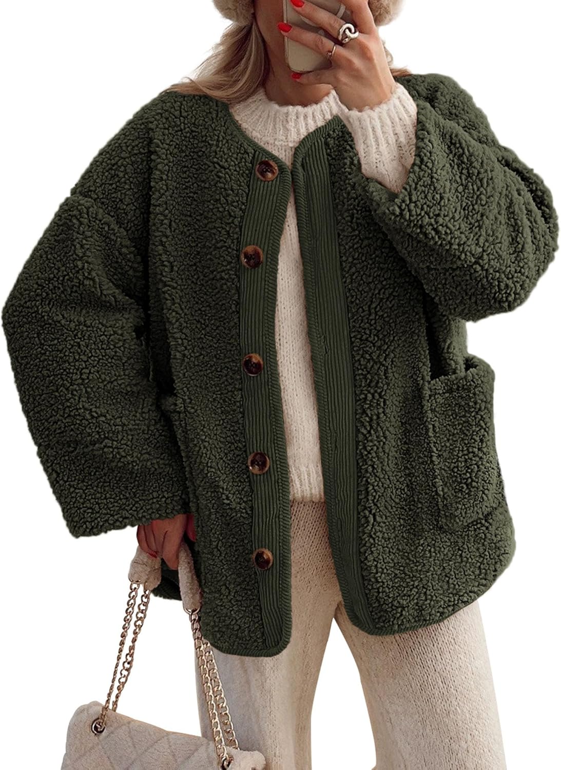 Women's Warm Winter Coats Casual Long Sleeve Button up Fuzzy Sherpa Fleece Jackets Outerwear