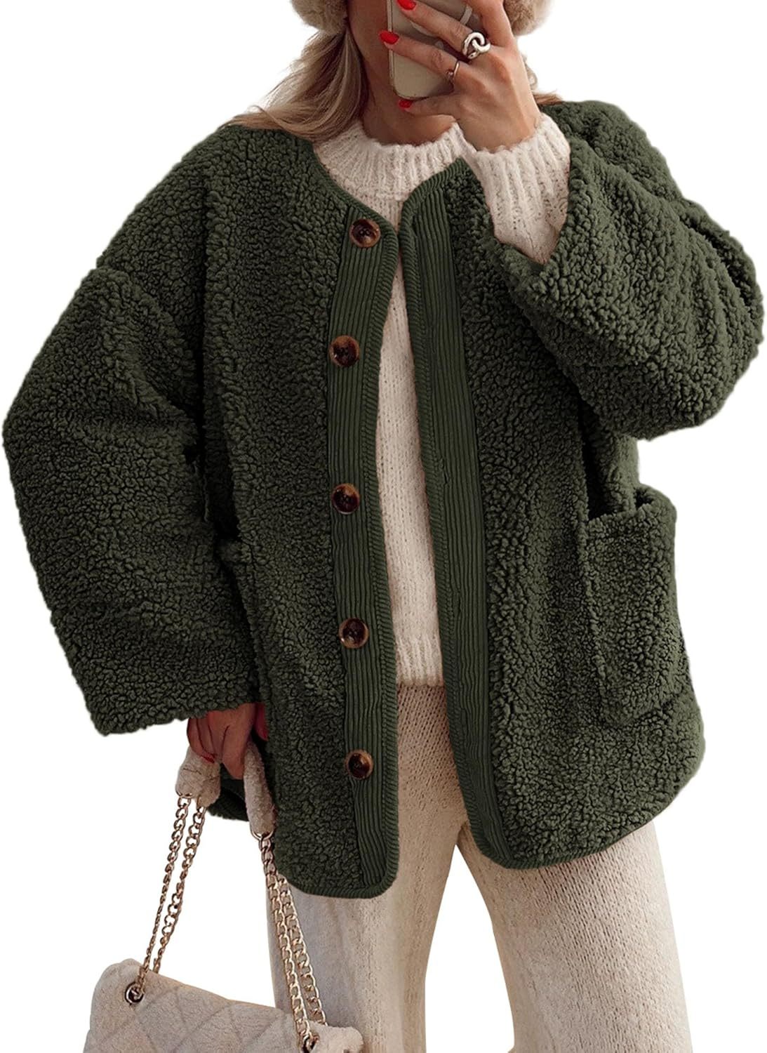 Women's Warm Winter Coats Casual Long Sleeve Button up Fuzzy Sherpa Fleece Jackets Outerwear