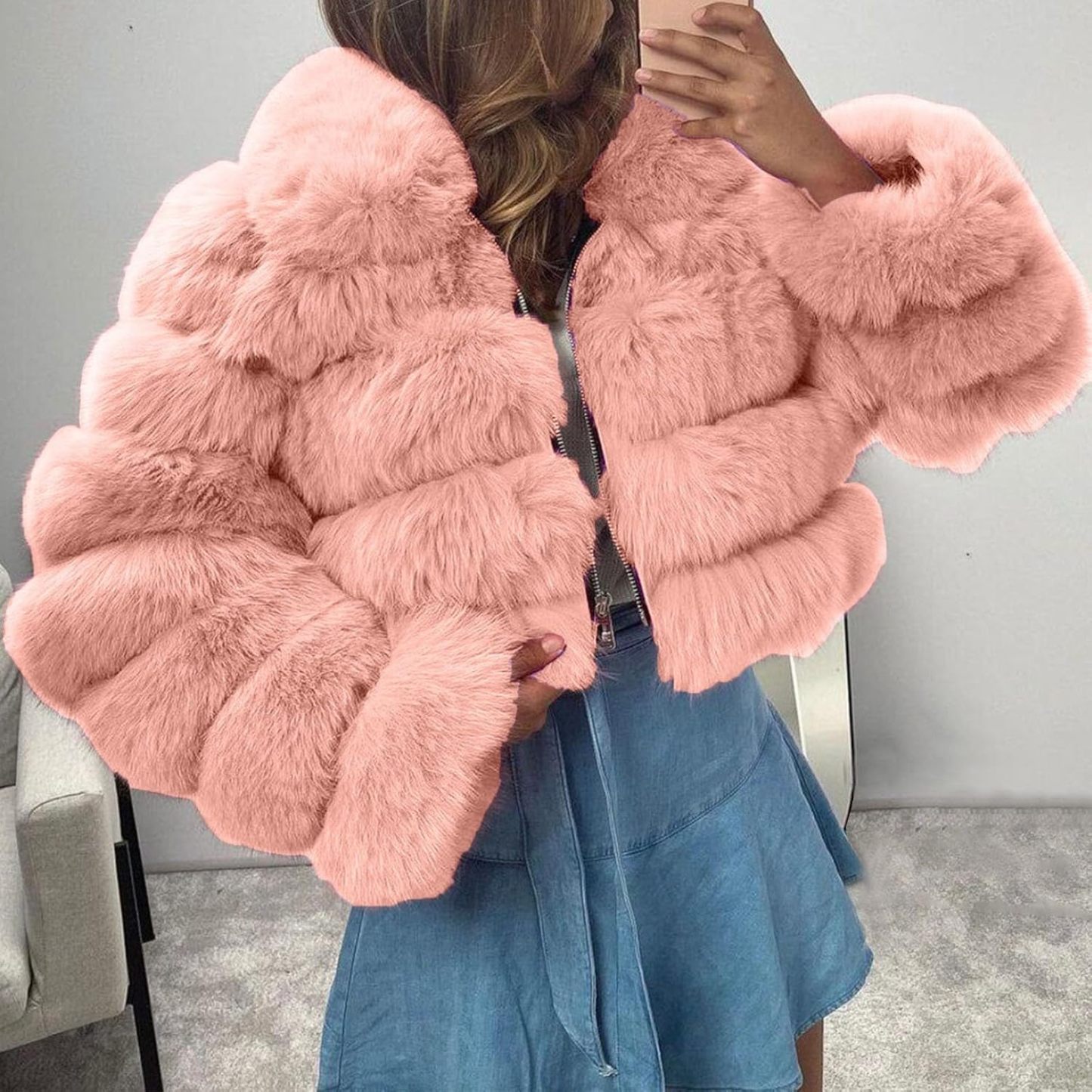 Women's Crop Fur Coat Plain Faux Fur Quilted Jacket Thick Warm Winter Jacket Teenager Girls Fur Jacket Zip Up Jacket Coat Faux Fur Jacket Long Sleeve Winter Coat Cuddly Jacket Winter Fur Coat
