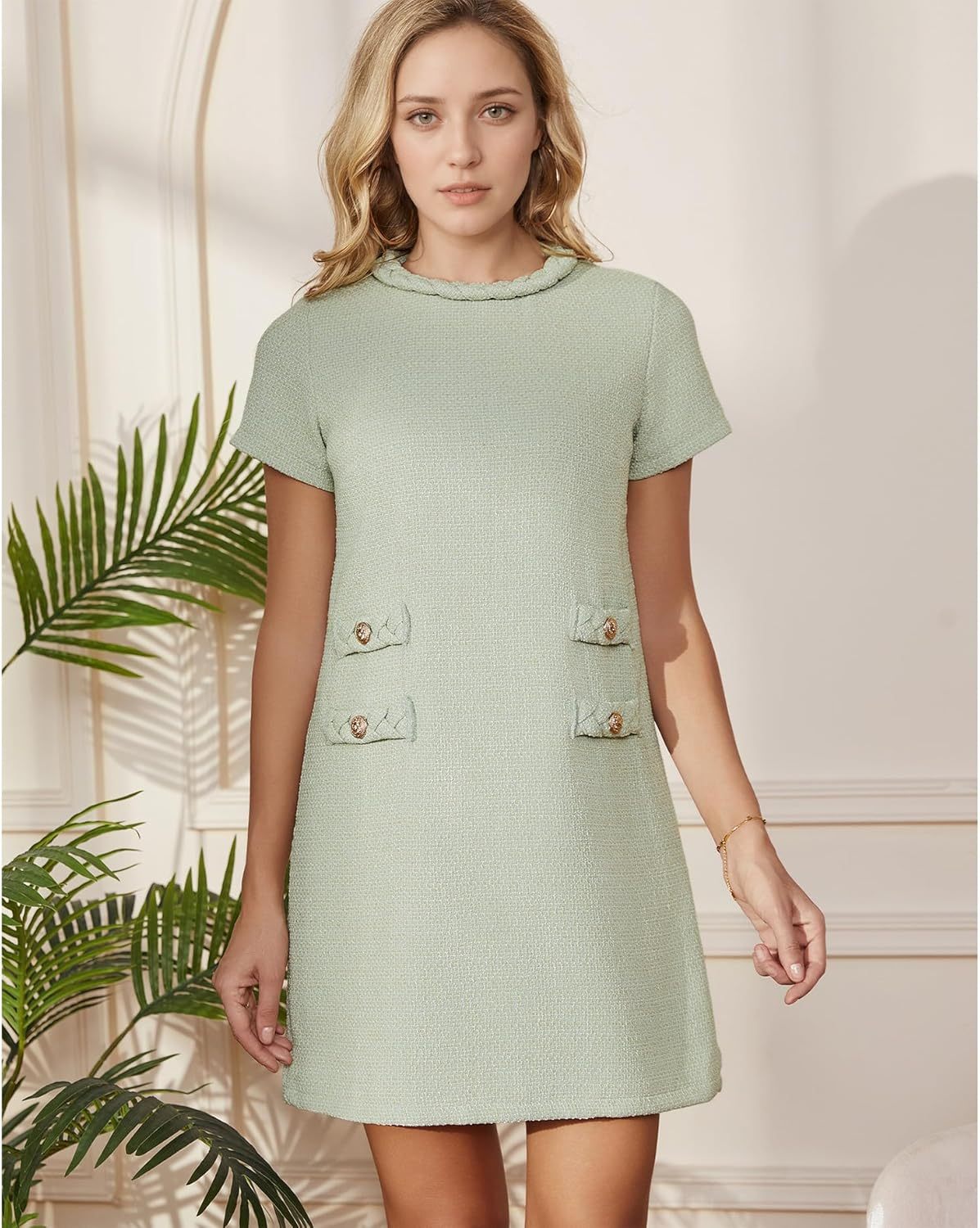 ✨HOT SALE✨2025 NEW Womens Tweed Jackie Dress Elegant Crew Neck Short Sleeve Button Bodycon Mini Dress