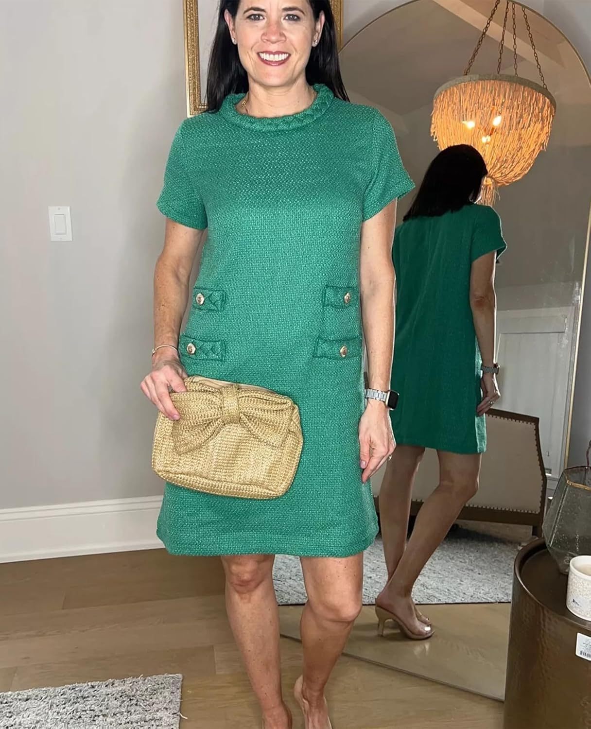 ✨HOT SALE✨2025 NEW Womens Tweed Jackie Dress Elegant Crew Neck Short Sleeve Button Bodycon Mini Dress