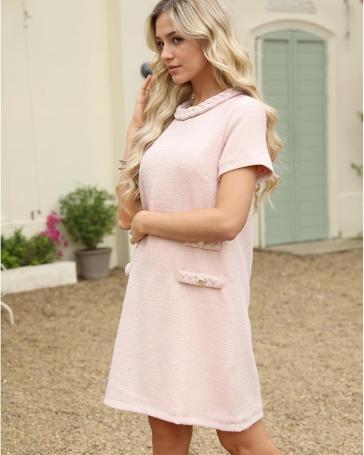 ✨HOT SALE✨2025 NEW Womens Tweed Jackie Dress Elegant Crew Neck Short Sleeve Button Bodycon Mini Dress