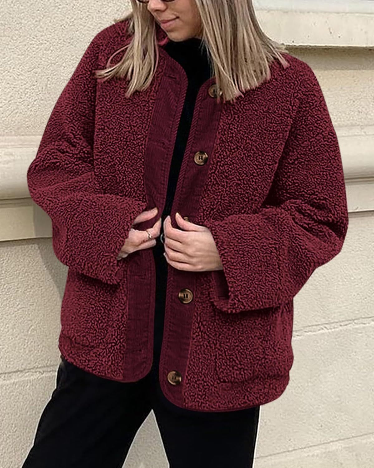 Women's Warm Winter Coats Casual Long Sleeve Button up Fuzzy Sherpa Fleece Jackets Outerwear