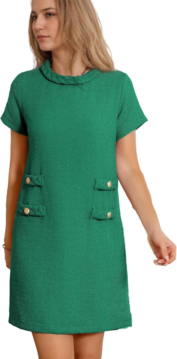✨HOT SALE✨2025 NEW Womens Tweed Jackie Dress Elegant Crew Neck Short Sleeve Button Bodycon Mini Dress