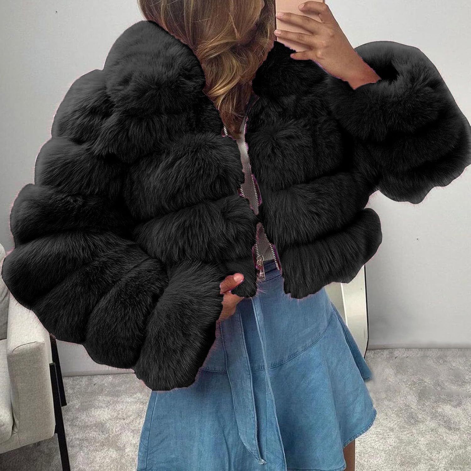 Women's Crop Fur Coat Plain Faux Fur Quilted Jacket Thick Warm Winter Jacket Teenager Girls Fur Jacket Zip Up Jacket Coat Faux Fur Jacket Long Sleeve Winter Coat Cuddly Jacket Winter Fur Coat