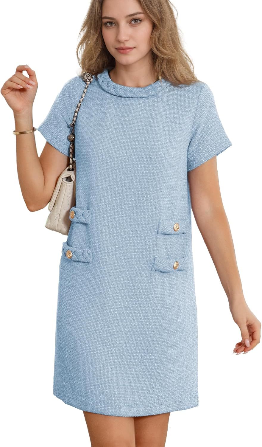 ✨HOT SALE✨2025 NEW Womens Tweed Jackie Dress Elegant Crew Neck Short Sleeve Button Bodycon Mini Dress