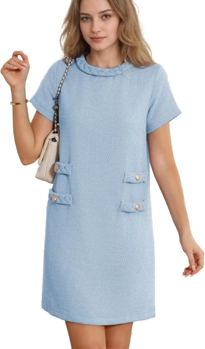 ✨HOT SALE✨2025 NEW Womens Tweed Jackie Dress Elegant Crew Neck Short Sleeve Button Bodycon Mini Dress