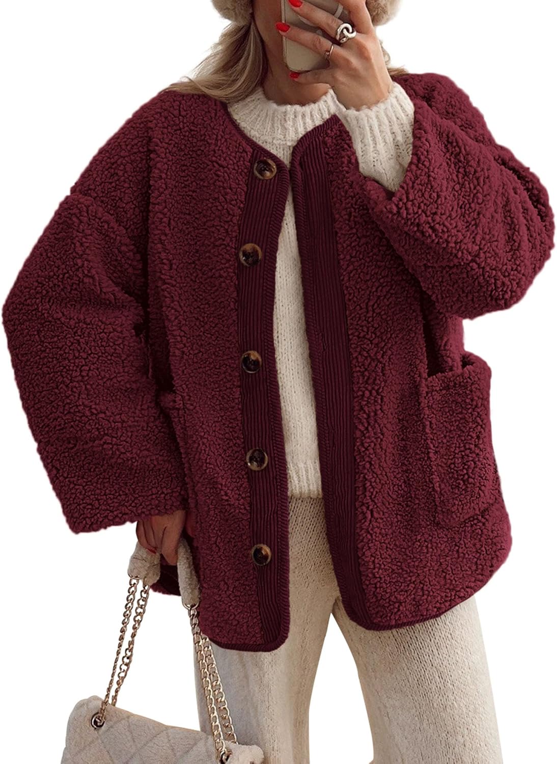 Women's Warm Winter Coats Casual Long Sleeve Button up Fuzzy Sherpa Fleece Jackets Outerwear