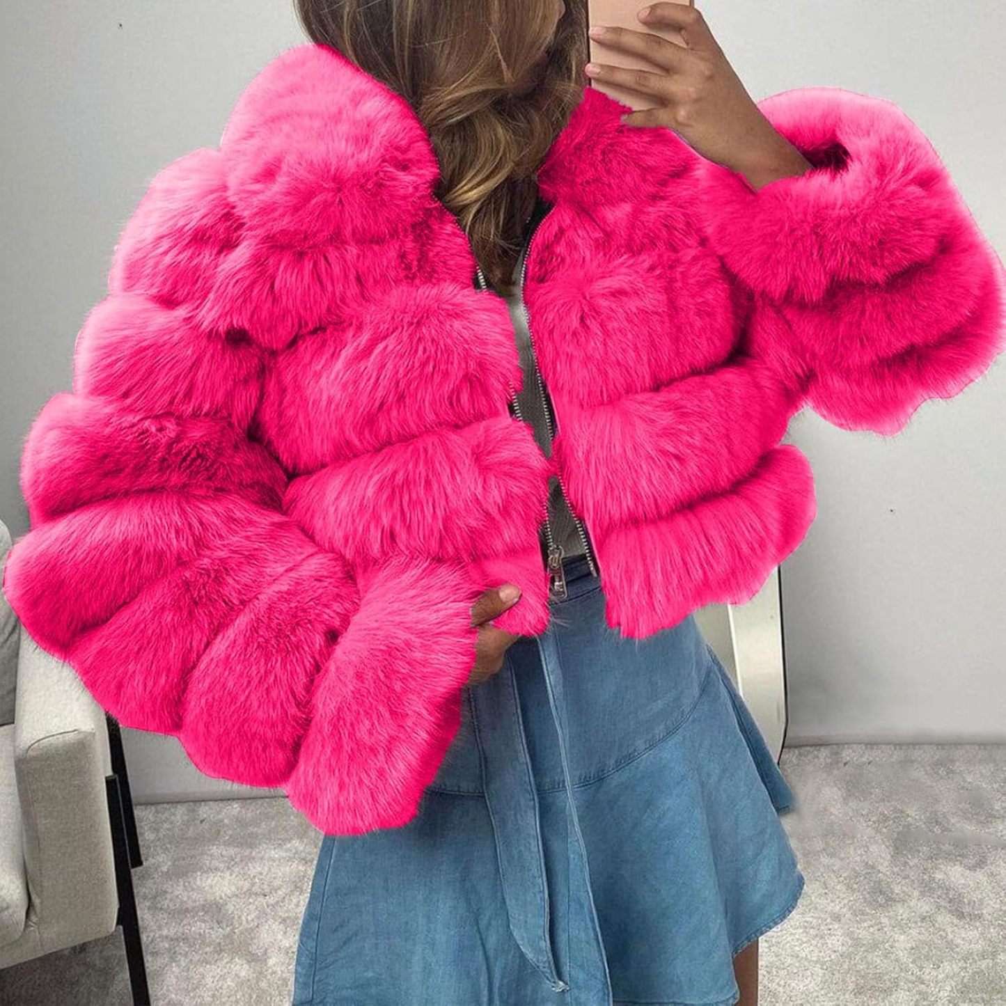 Women's Crop Fur Coat Plain Faux Fur Quilted Jacket Thick Warm Winter Jacket Teenager Girls Fur Jacket Zip Up Jacket Coat Faux Fur Jacket Long Sleeve Winter Coat Cuddly Jacket Winter Fur Coat