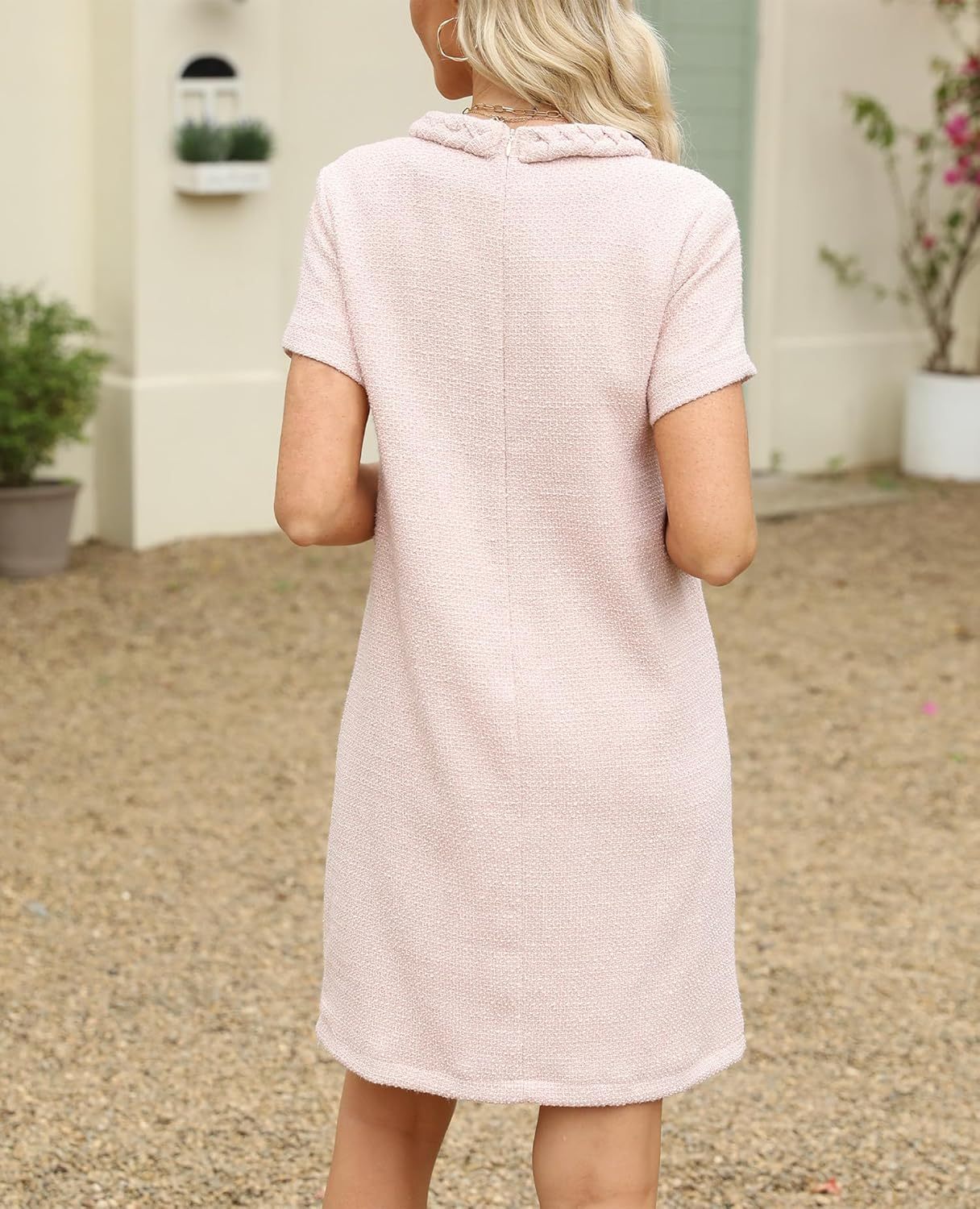 ✨HOT SALE✨2025 NEW Womens Tweed Jackie Dress Elegant Crew Neck Short Sleeve Button Bodycon Mini Dress