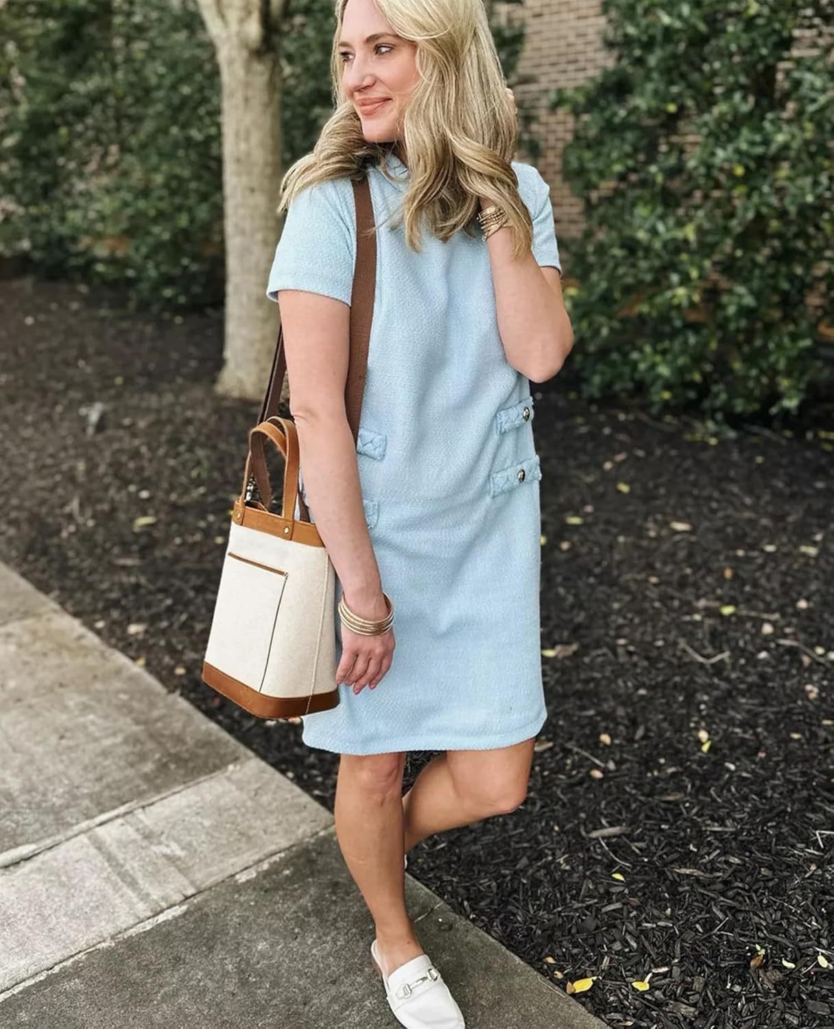 ✨HOT SALE✨2025 NEW Womens Tweed Jackie Dress Elegant Crew Neck Short Sleeve Button Bodycon Mini Dress