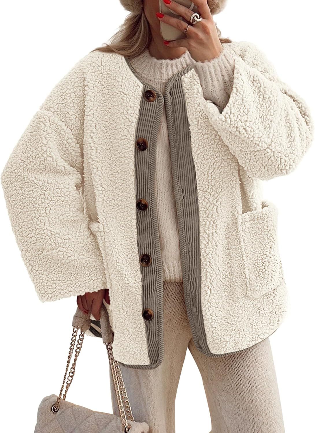 Women's Warm Winter Coats Casual Long Sleeve Button up Fuzzy Sherpa Fl