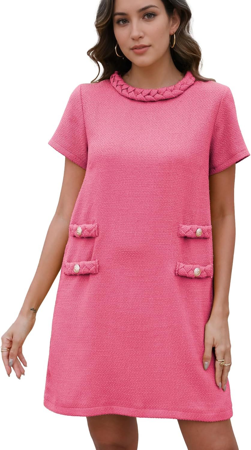 ✨HOT SALE✨2025 NEW Womens Tweed Jackie Dress Elegant Crew Neck Short Sleeve Button Bodycon Mini Dress