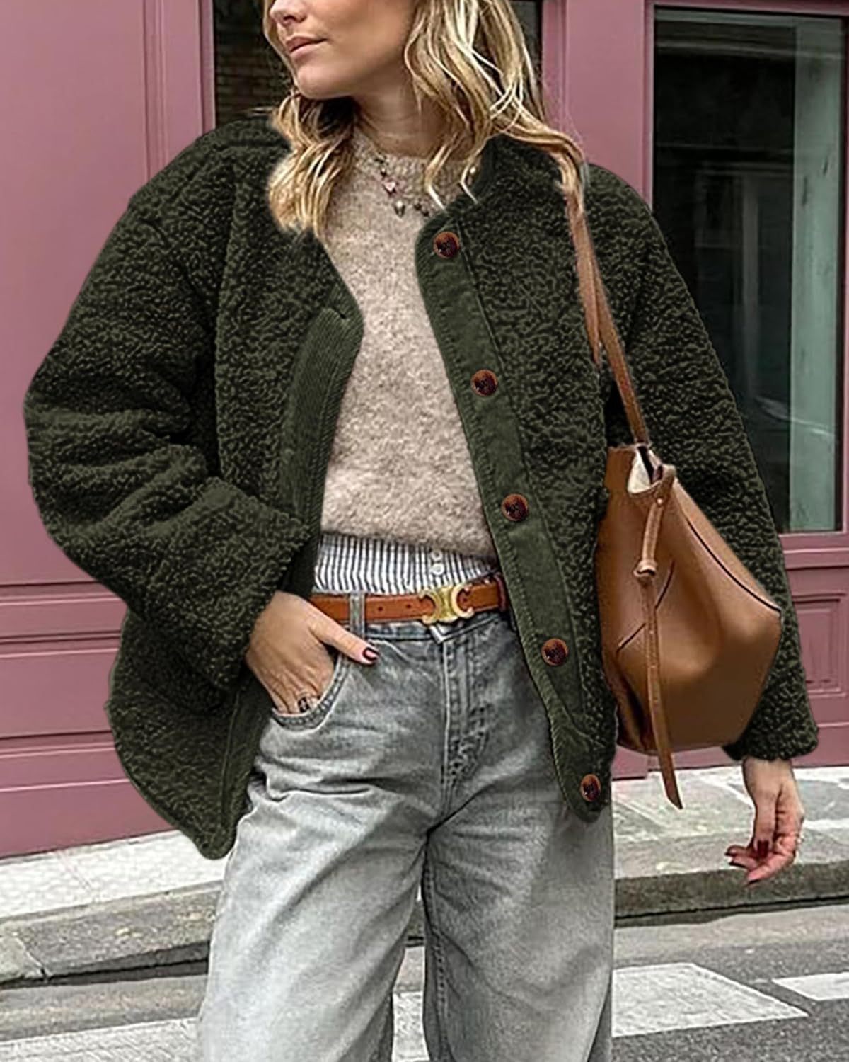 Women's Warm Winter Coats Casual Long Sleeve Button up Fuzzy Sherpa Fleece Jackets Outerwear