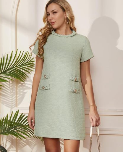 ✨HOT SALE✨2025 NEW Womens Tweed Jackie Dress Elegant Crew Neck Short Sleeve Button Bodycon Mini Dress