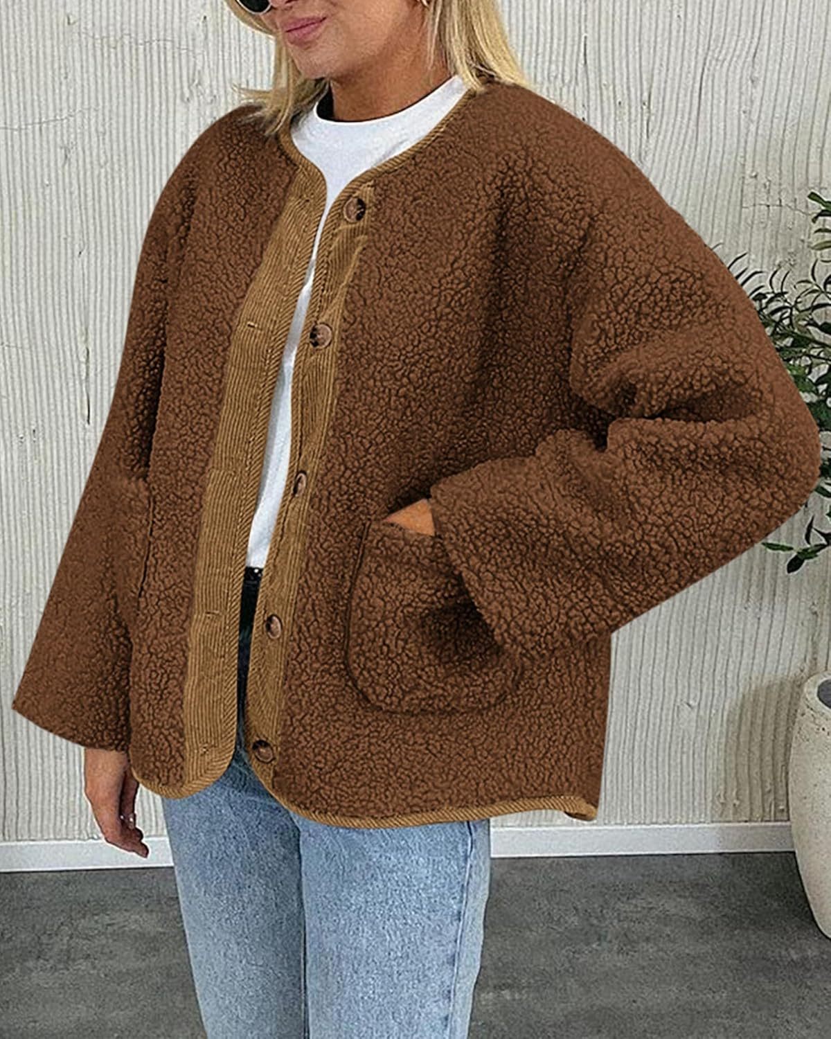 Women's Warm Winter Coats Casual Long Sleeve Button up Fuzzy Sherpa Fleece Jackets Outerwear