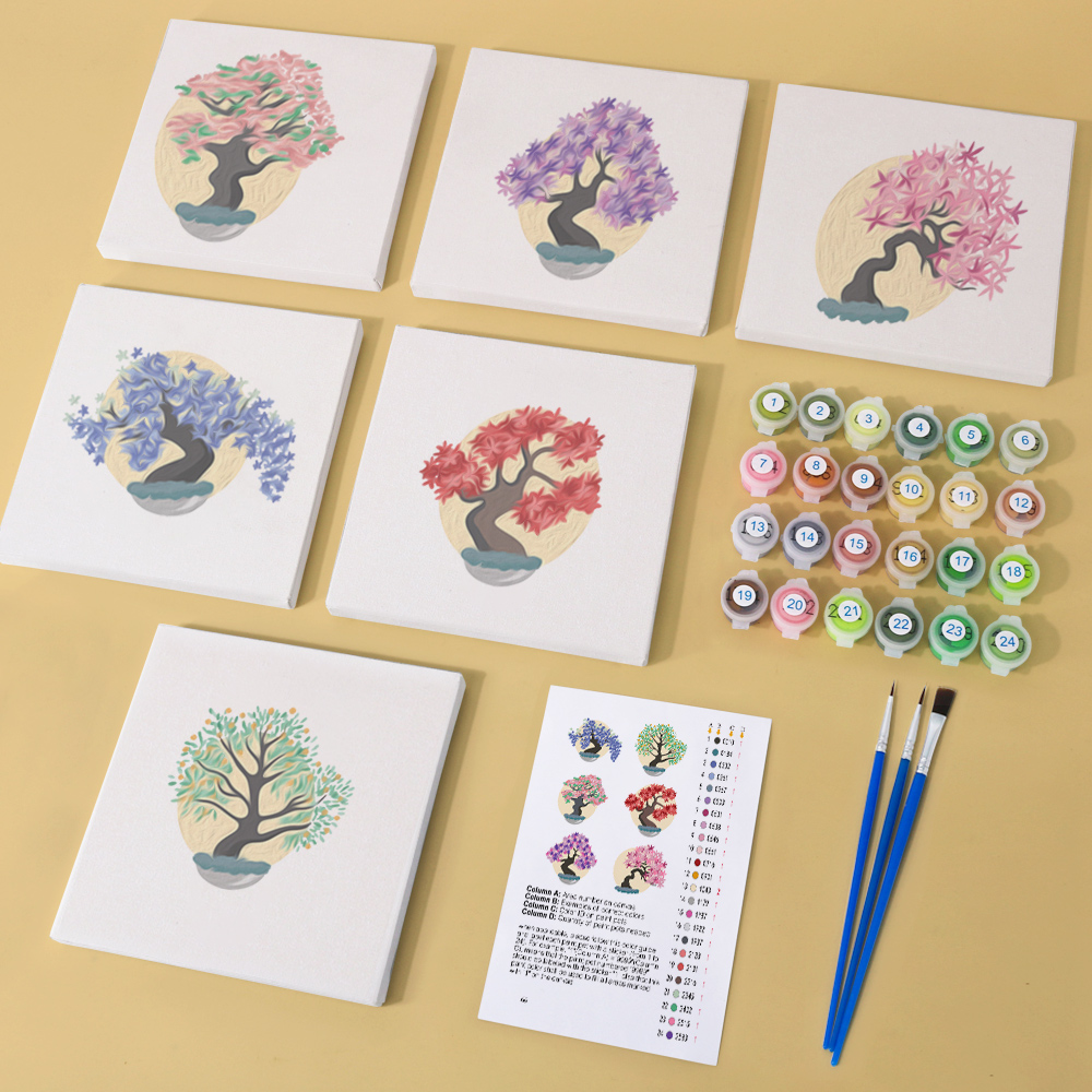 6 pieces, decorative tree desktop accessories digital mini painting set, 15x15cm/5.9x5.9 inches, handmade for family leisure, perfect gift for friends and family.