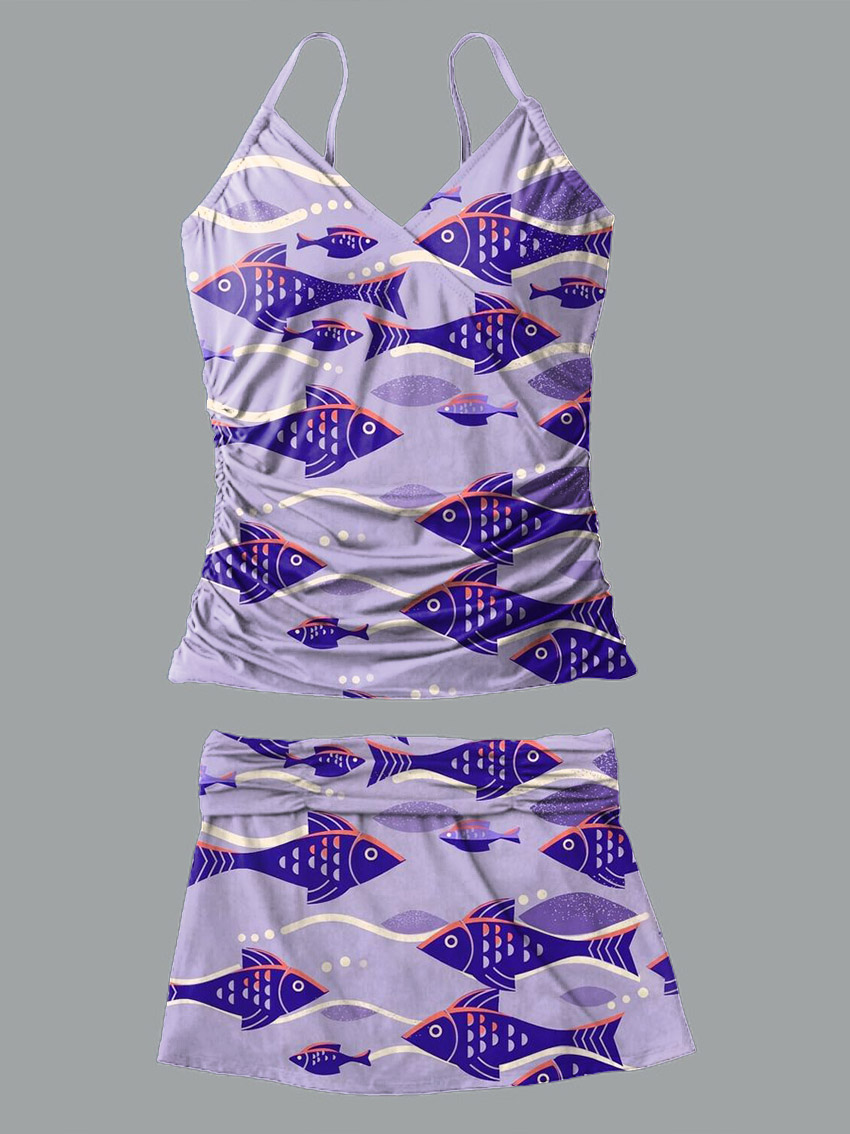 V-Neck Purple Wavy Fish Art Print Suspender Skirt Tankini Pantskirt Set Swimsuit