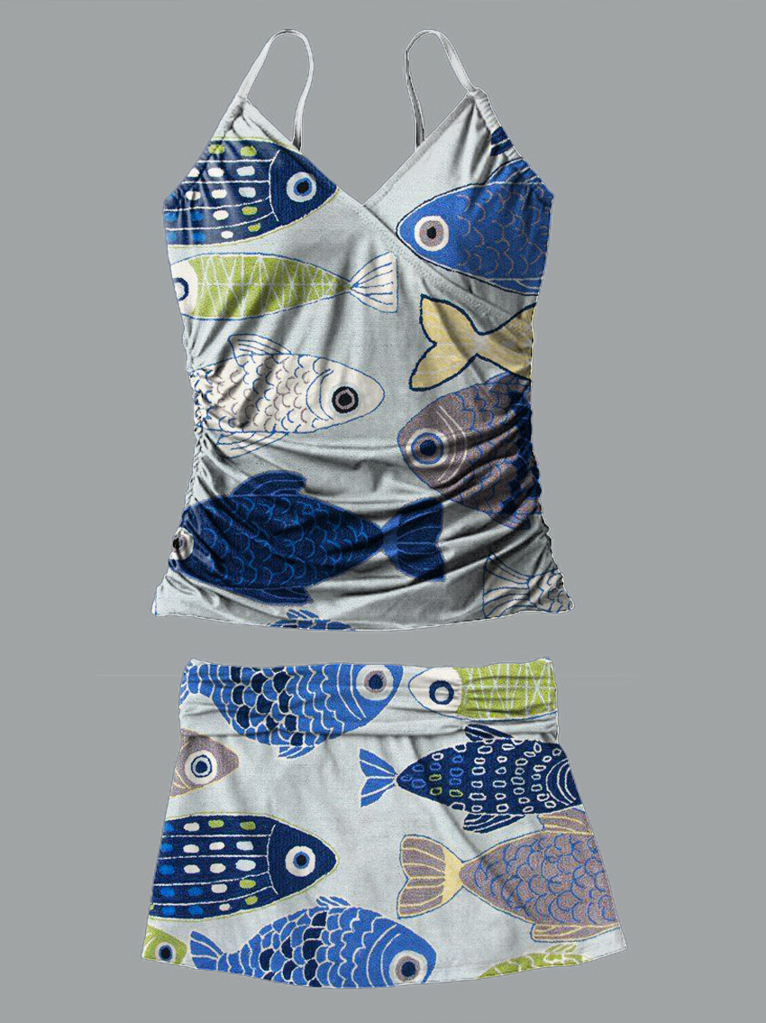 V-Neck Vintage Lovely Fish Art Print Suspender Skirt Tankini Pantskirt Set Swimsuit