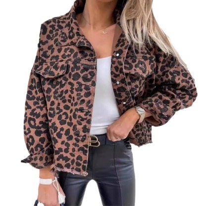 2025 Vintage Latte Leopard Washed Corduroy Jacket With Distressed Hem