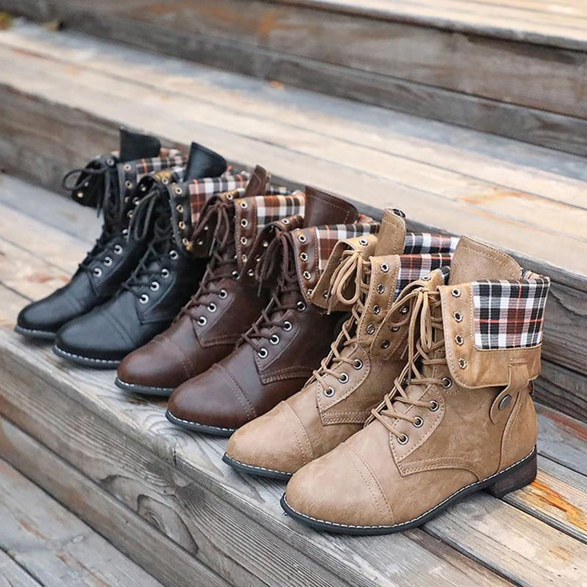 New Women's Round Toe High Flat Heel Martin Boots Flat Heel